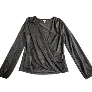 NWT Womens Black Sparkle Wrap Long Sleeve Top Size S Party Disco Surplice